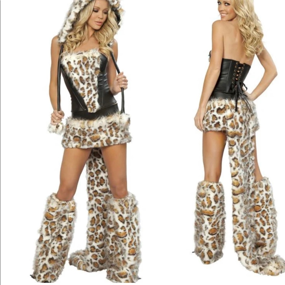 Sexy Adult Leopard Hood Leather Wild Cat Costume Women - COFFEE / M